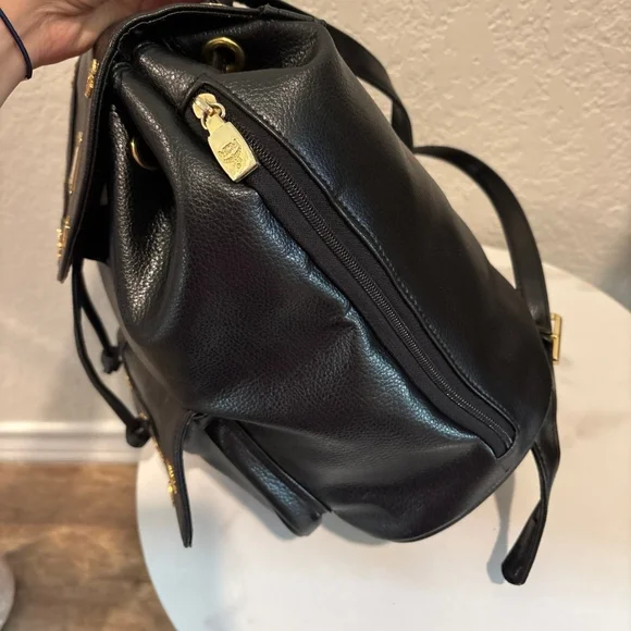 MCM Black Leather Backpack with Gold Accents - Picture 6 of 11